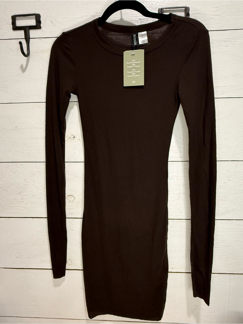 H&M New with Tags Ribbed Bodycon Dress Brown Long Sleeve Crew Neck Midi XS